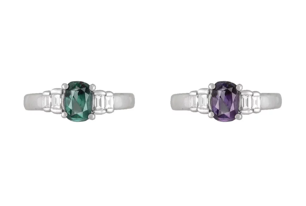 alexandrite engagement ring showing different colors