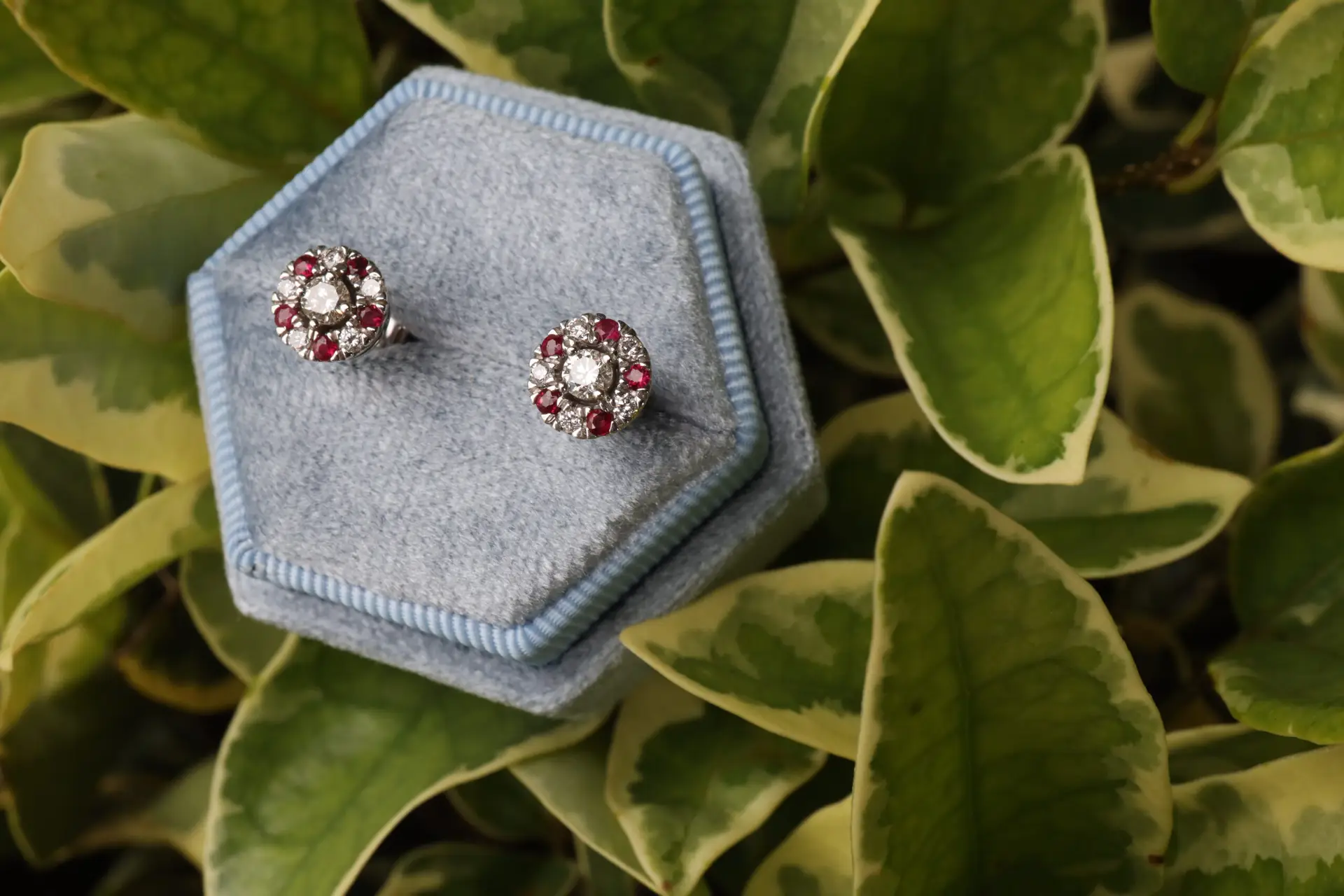 custom ruby and diamond earrings halo