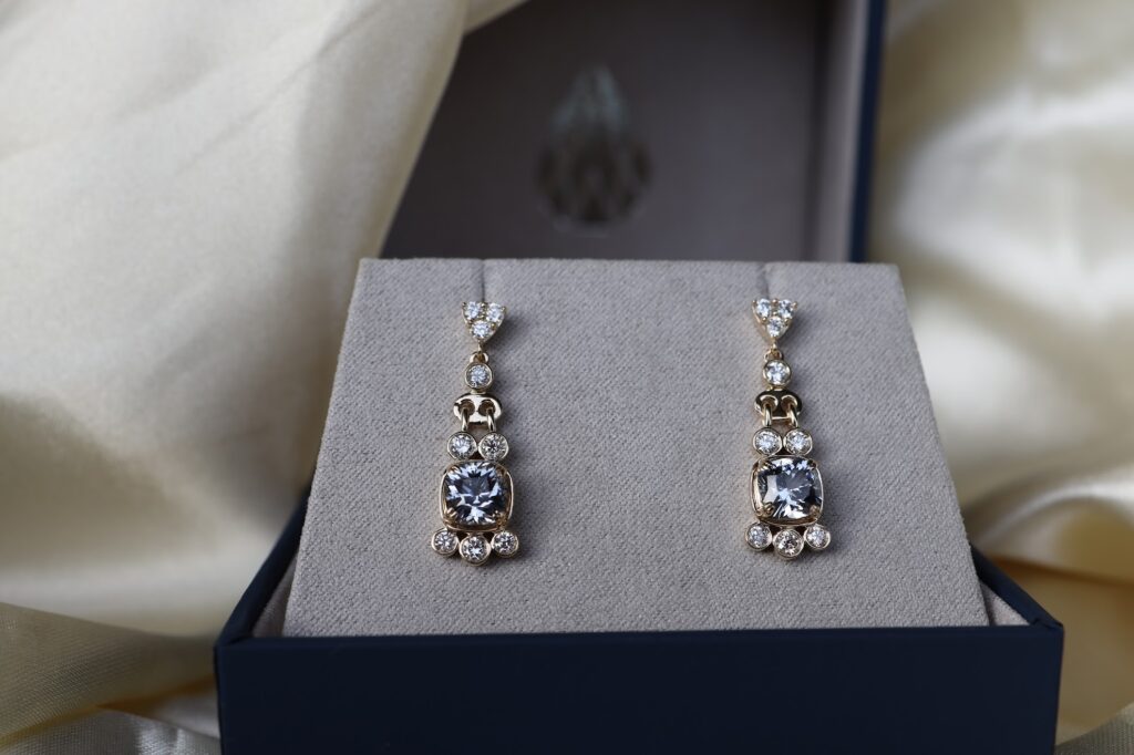 custom diamond and iolite dangle handmade earrings