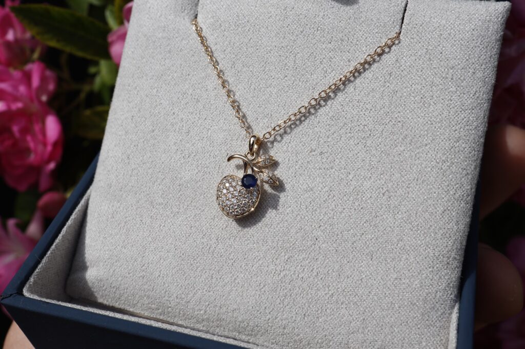 custom diamond and sapphire apple necklace handmade