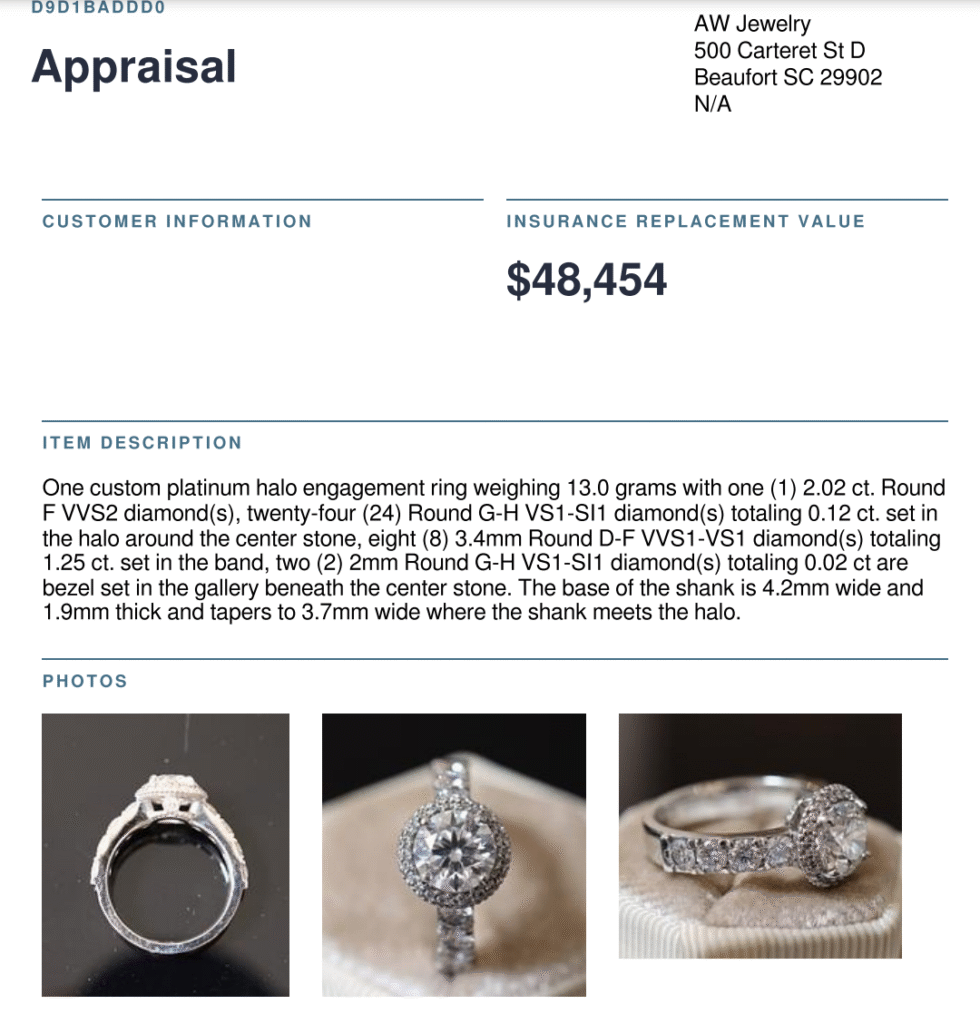 sample of jewelry appraisal by AW Jewelry