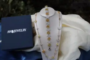 custom matching diamond necklace and bracelet in yellow gold and white gold