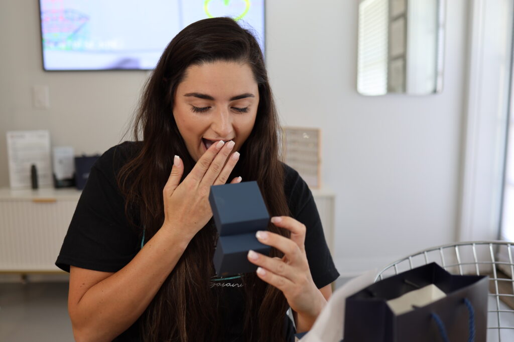 happy custom excited about custom engagement ring