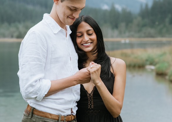 Couple celebrating with engagement ring.