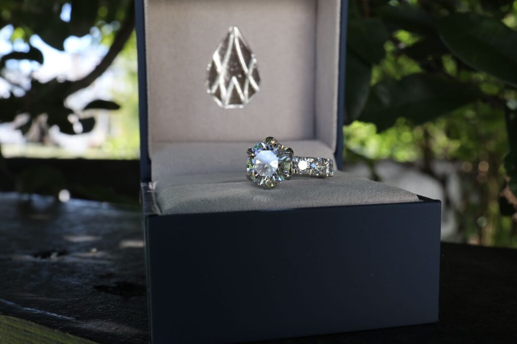 Moissanite engagement ring, sparkling clarity
