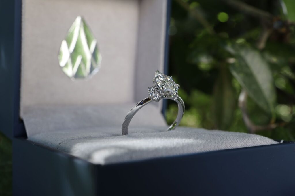 Moissanite proposal ring choice, clear and timeless.